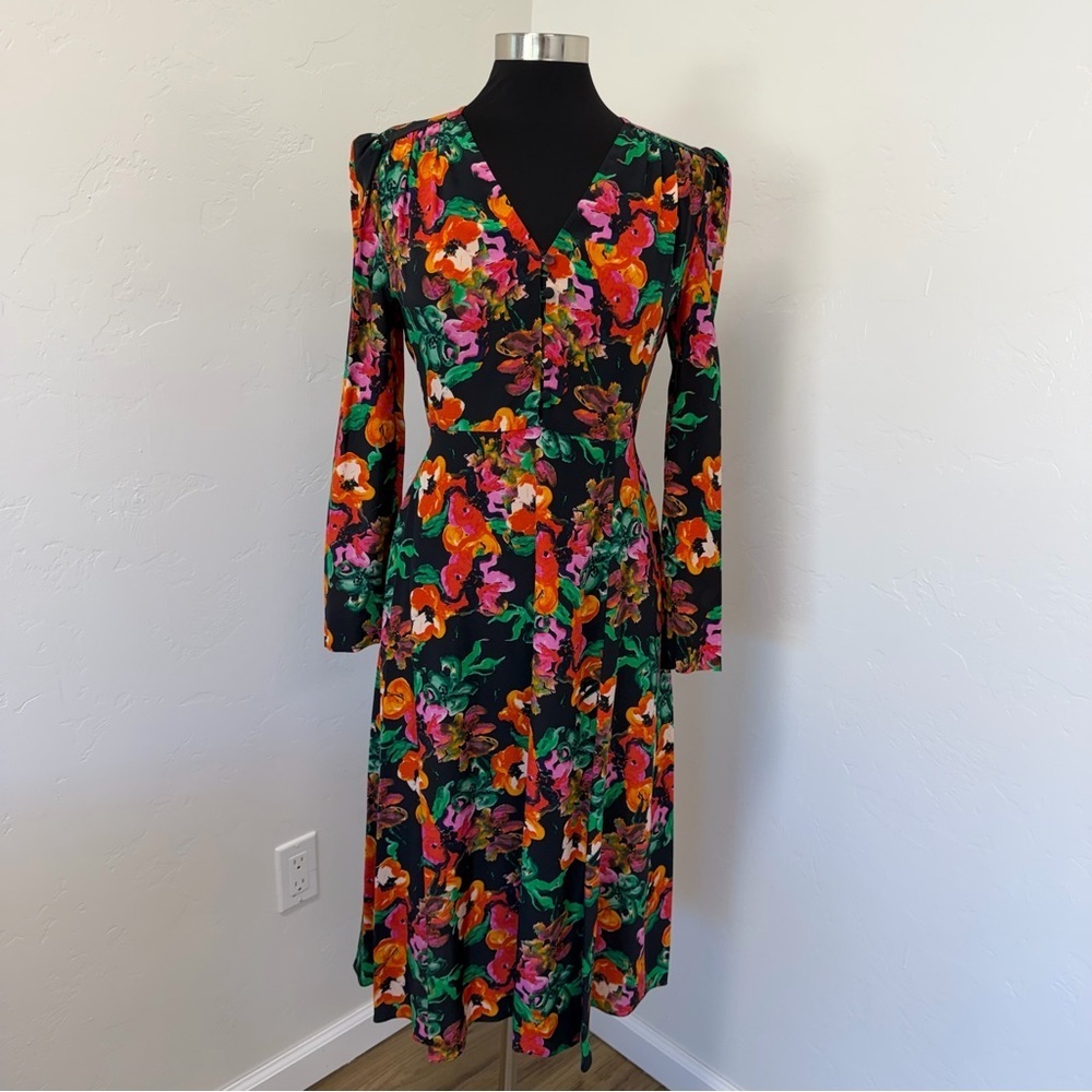 NWT Diane Von Furstenberg Black Floral Print Silk Midi Dress Size 6